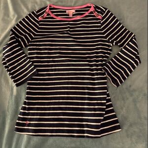 Lilly Pulitzer navy 3/4 sleeve boatneck top, pink trim w button detail, sz Med